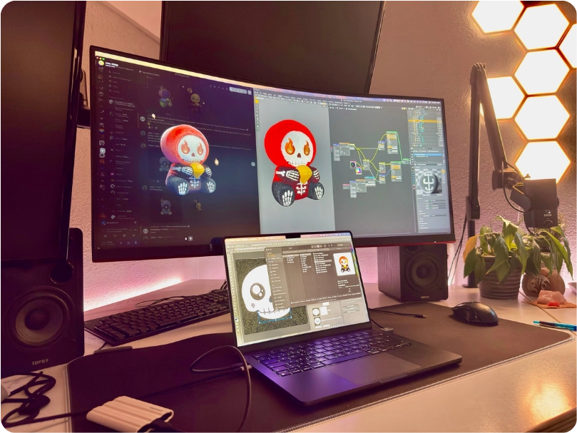 3D plush design preview on studio monitors